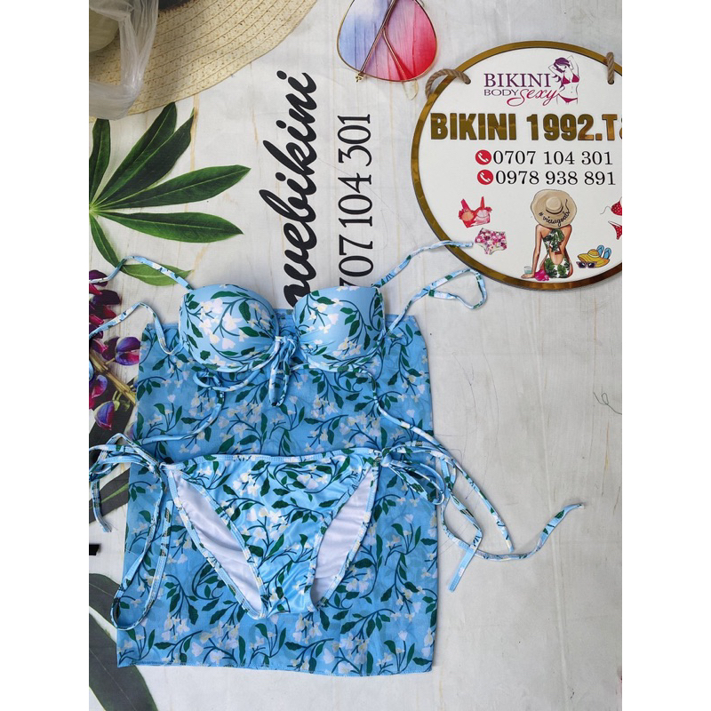 Bikini 3 món áo gọng quần viền tam giác khăn quấn xinh