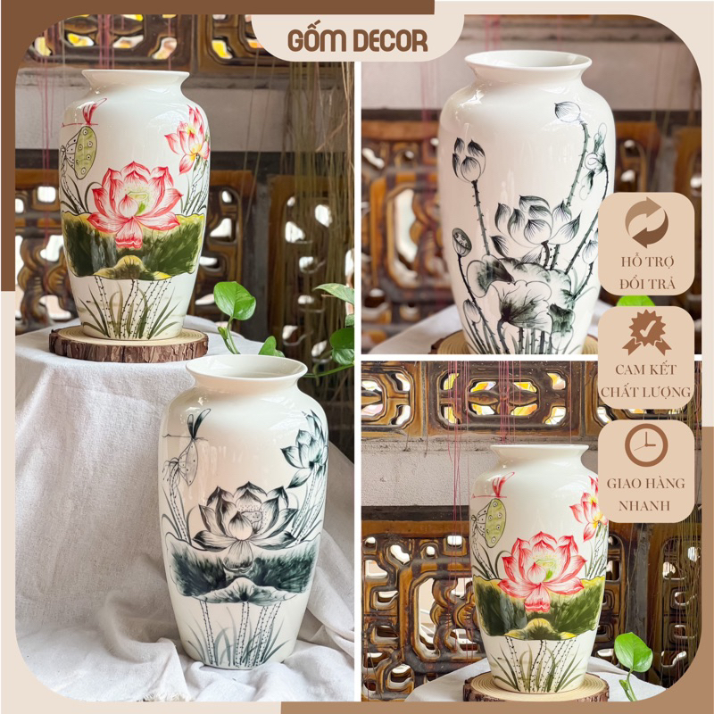 Lọ Cắm Hoa Trang Trí - Lọ Hoa Sen Vẽ Hàng Trắng Khử - Gốm Sứ Bát Tràng