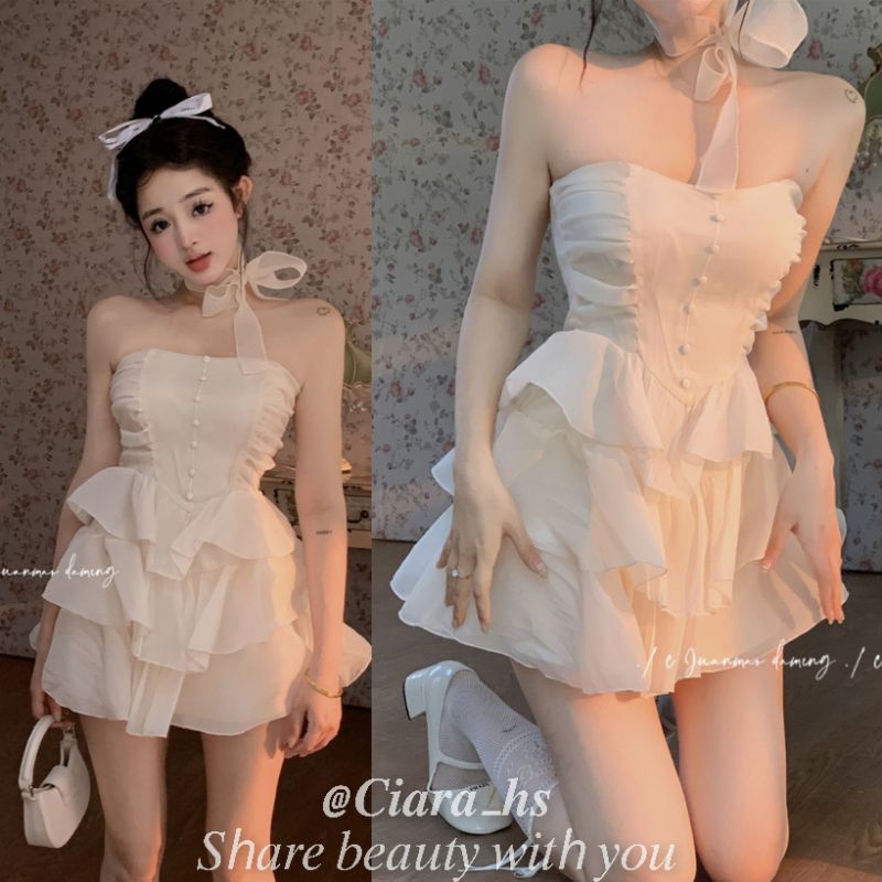 (K26) Váy đầm Công chúa xếp tầng cúp ngực dâng xòe màu kem loại đẹp