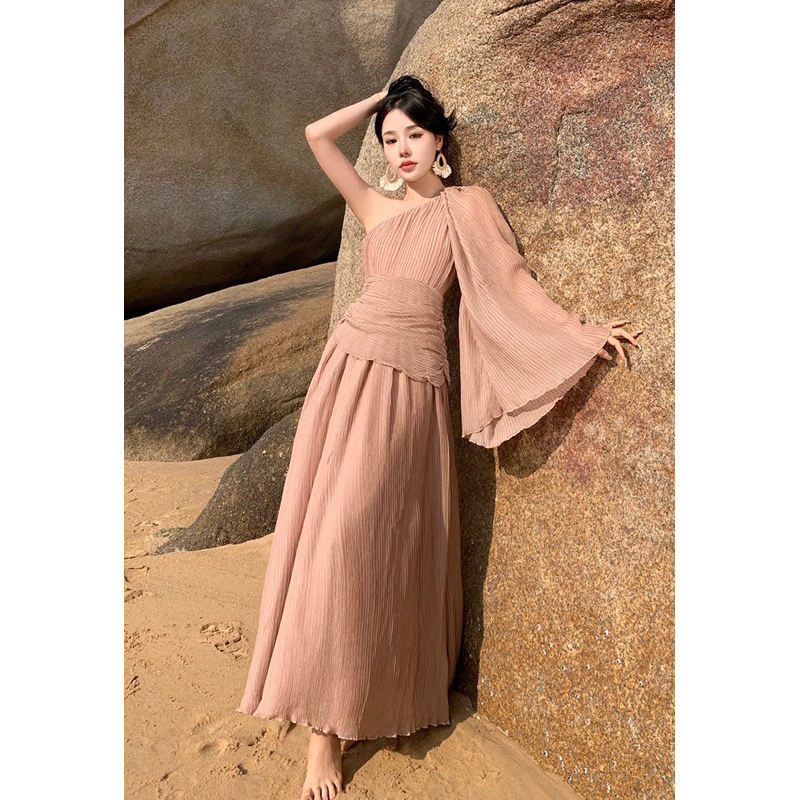 ( ORDER ) Đầm Maxi Dập Li Lệch Vai Tay Loe Dáng Xoè Màu Trơn