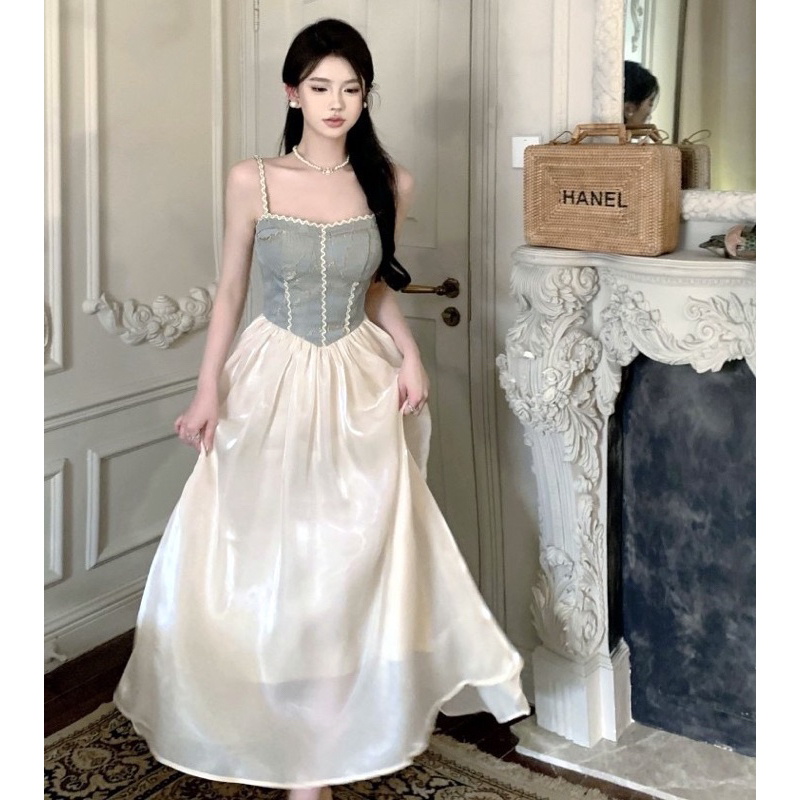 ( SẴN ) Đầm Midi 2 Dây Dạng Corset Phối Váy Voan Bóng Dáng Xoè