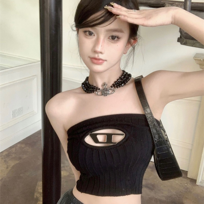 Áo Ống, Áo Quây Dệt Kim Hở Ngực Màu Trơn Khoét Lỗ Logo Chữ D Kim Loại Thời Trang Hàn Quốc Cho Nữ | BigBuy360 - bigbuy360.vn