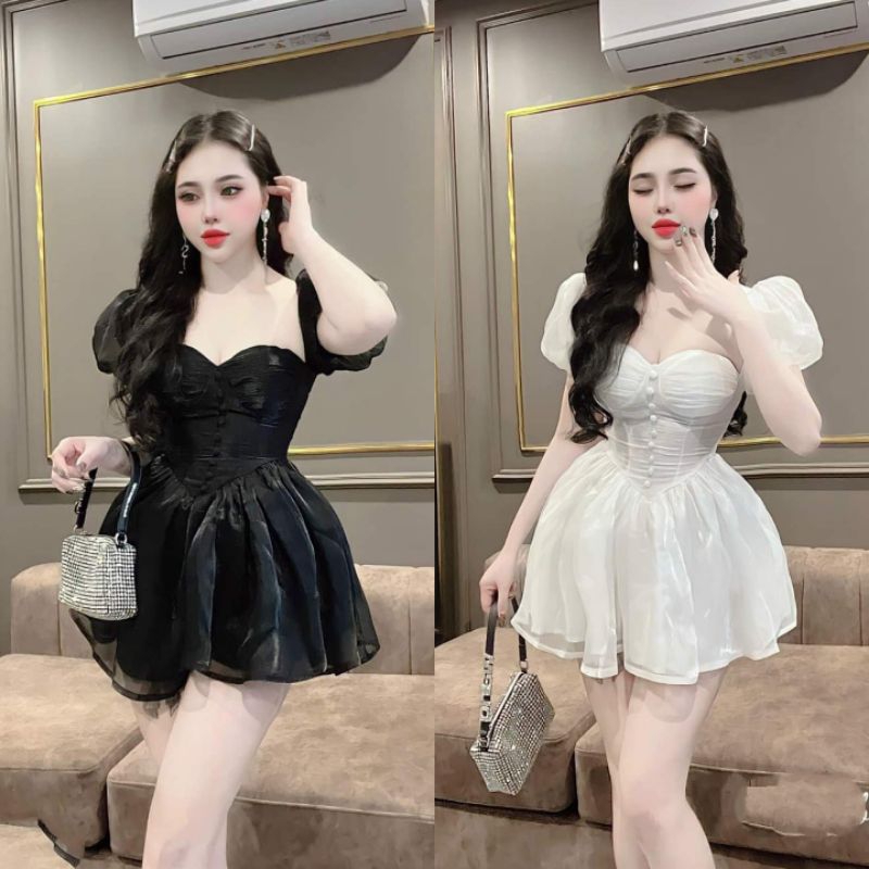 Váy voan phối nút tay phồng có quần trong ( hình thật )