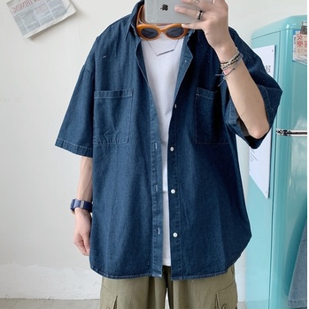 Áo sơ mi nam form rộng tay lỡ chất jean màu xanh đậm phong cách Hàn Quốc hà nội hcm