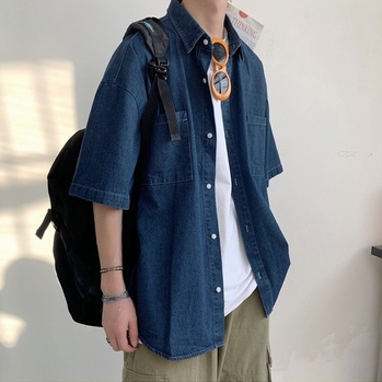 Áo sơ mi nam form rộng tay lỡ chất jean màu xanh đậm phong cách Hàn Quốc hà nội hcm