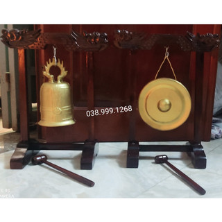 Chuông đồng 20 cm chiêng cồng đồng và giá treo chất liệu bằng đồng nguyên chất khung gỗ chuông treo phong thủy