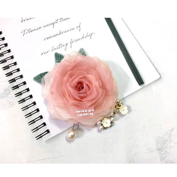 Fullbox - Hoa cài áo hoa hồng mẫu hoa đốt handmade đổ màu mix cành hoa mai và lá nhung