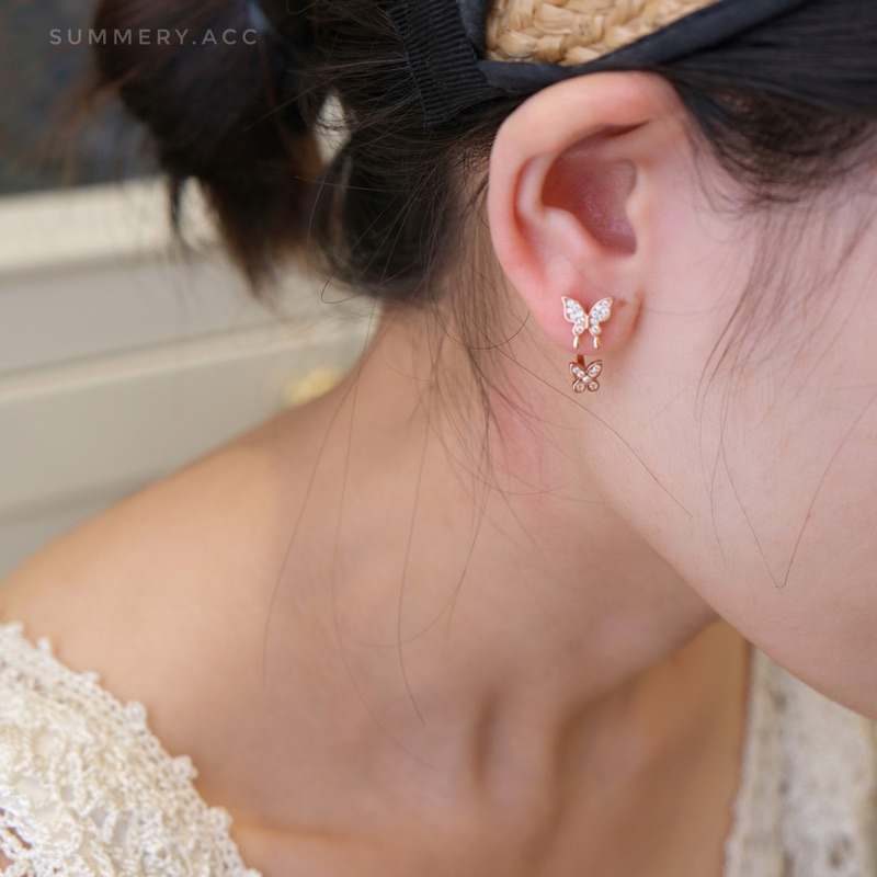 Khuyên tai bạc 925 SUMMERY hình bướm đính đá chốt sau đeo 2 kiểu S925 mạ vàng hồng