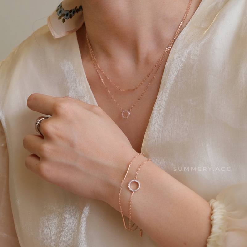 Vòng tay bạc 925 SUMMERY mặt tròn dây đôi 2 tầng lắc tay S925 mạ vàng hồng