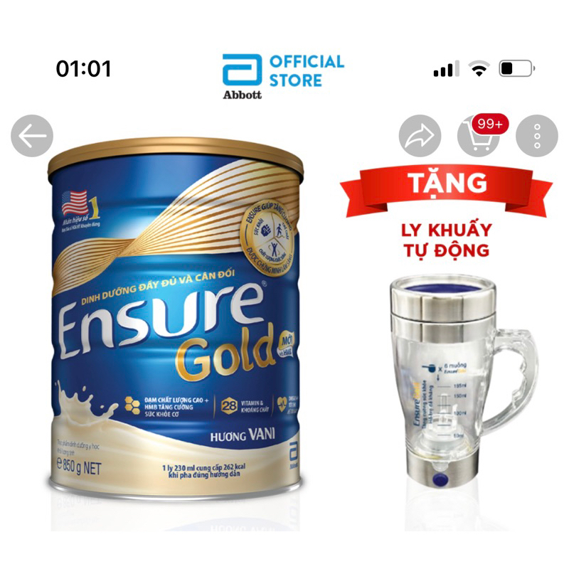 Sữa bột Ensure Gold Vani (HMB) 850g