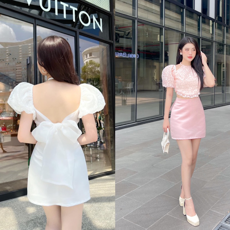 Set Áo Tay Bồng Cổ Yếm Thắt Nơ Sau Dễ Thương Phối Chân Váy Chữ A