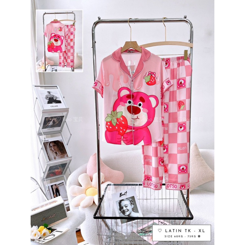 Đồ bộ nữ pijama BIGSIZE 58-73kg lụa latin hoạ tiết gấu dâu siêu xinh Boo Boo