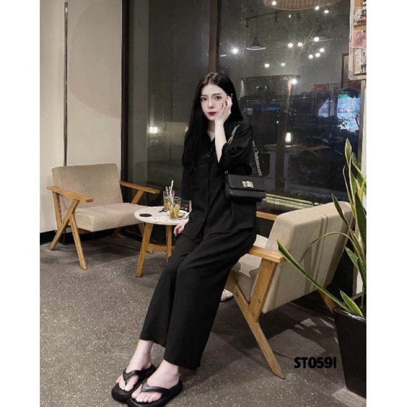 Pass set đũi đen áo sơ mi cộc tay quần xuông the.sweaterweather