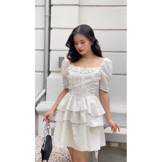 Đầm trắng công chúa tiểu thư bánh bèo sang chảnh ngọt ngào form corset ôm eo ngắn tay gấm hoa cao cấp Gladys Dress