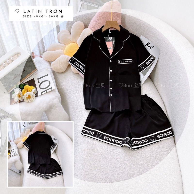 Đồ bộ nữ pijama lụa latin trơn đùi in viền siêu đẹp Boo Boo
