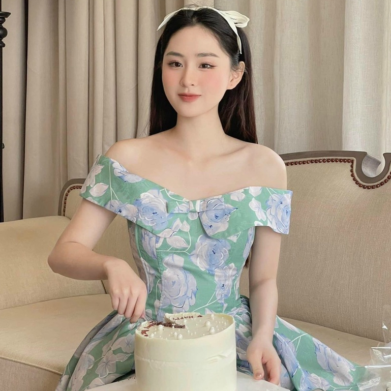 Đầm váy nữa ,váy tiểu thư bánh bèo trễ vai cotton lạnh in 3D sang trọng thanh lịch thời trang nữ ST CLOTHING