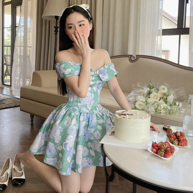Đầm váy nữa ,váy tiểu thư bánh bèo trễ vai cotton lạnh in 3D sang trọng thanh lịch thời trang nữ ST CLOTHING