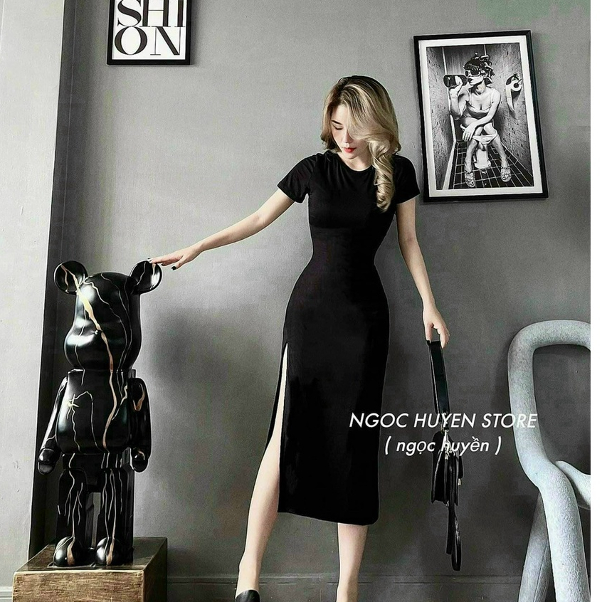 Đầm thời trang nữ nơ sau hở lưng chất borip cổ tròn tay ngắn dài maxi xẻ lai