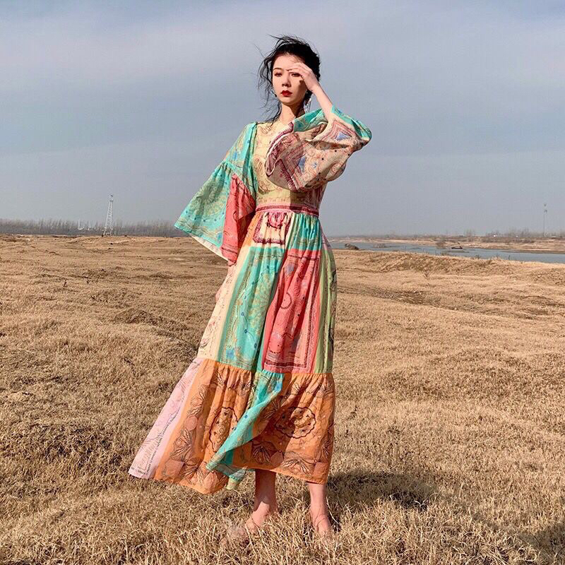 Váy dài boho nữ tay xoè hoạ tiết hàng Quảng Châu( ảnh thật)