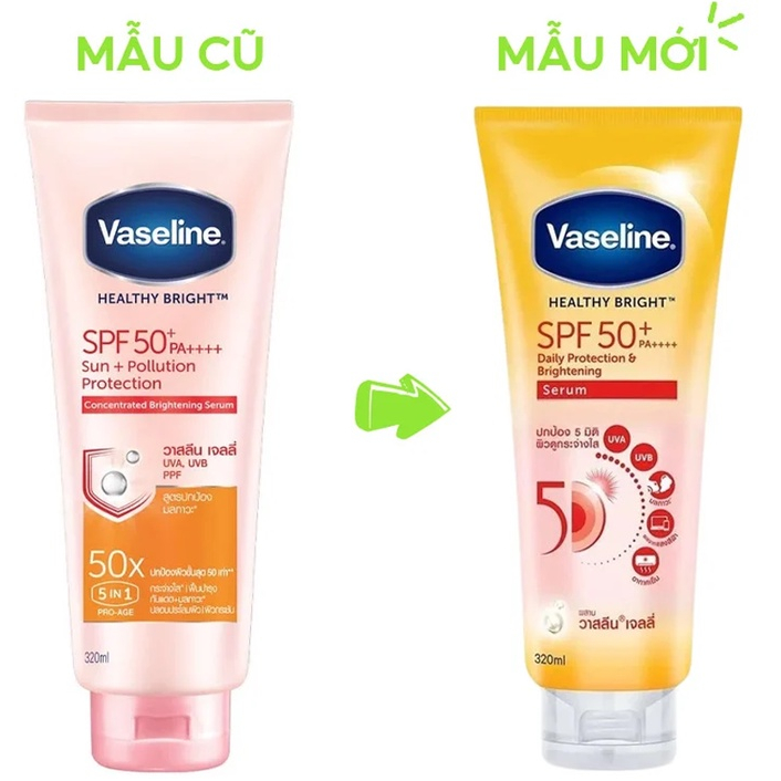 Kem dưỡng thể vaseline 50x chống nắng SPF 50+ PA++++ (300ml) Healthy Bright Sun + Pollution Protect Thái Lan