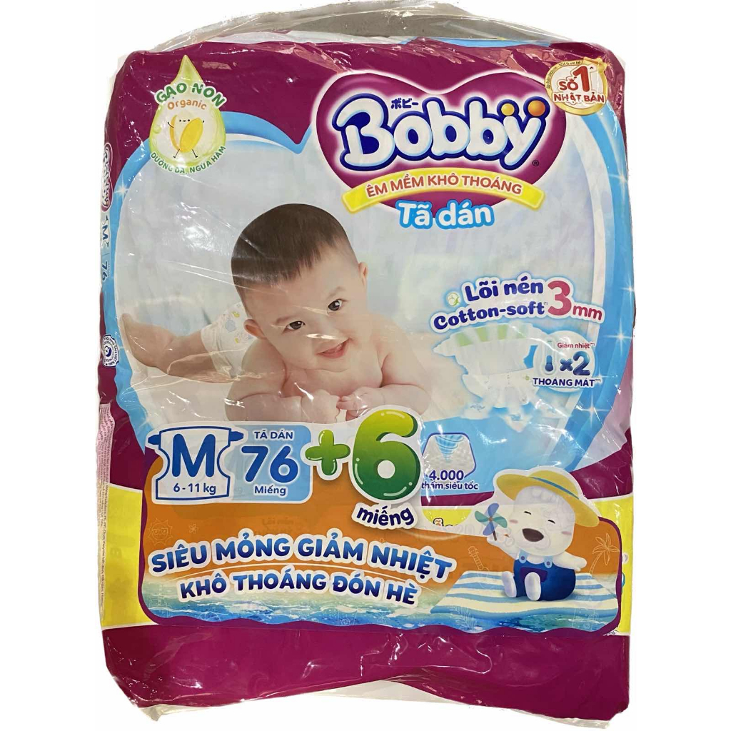 Tã dán Bobby S84/M76/L68/XL62/XXL56 mới- Lõi nén cotton-soft 3mm