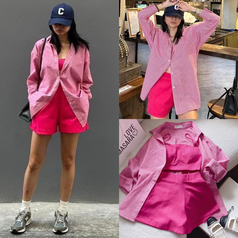 Set croptop 2s hồng lưng thun sau kèm áo sơ mi sọc tay dài có túi và quần short lưng thun sau có dây kéo freesize Pumi