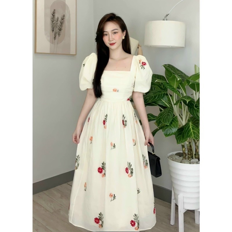 Váy babydoll dáng dài hoa liên cao cấp vải chất đẹp lót lụa cực xinh