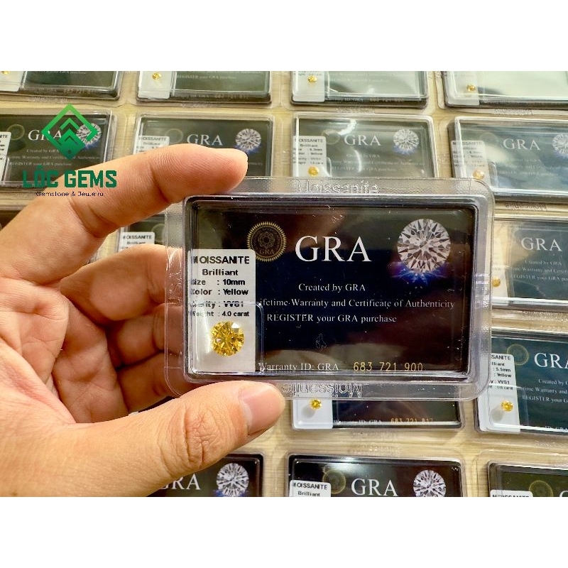 (7.2 - 13.0mm) Kim Cương Moissanite màu Vàng Yellow, Giấy kiểm định quốc tế GRA. Hàng Mỹ USA.