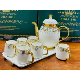 Bộ ấm chén kèm khay sứ viền vàng phong cách Bắc Âu