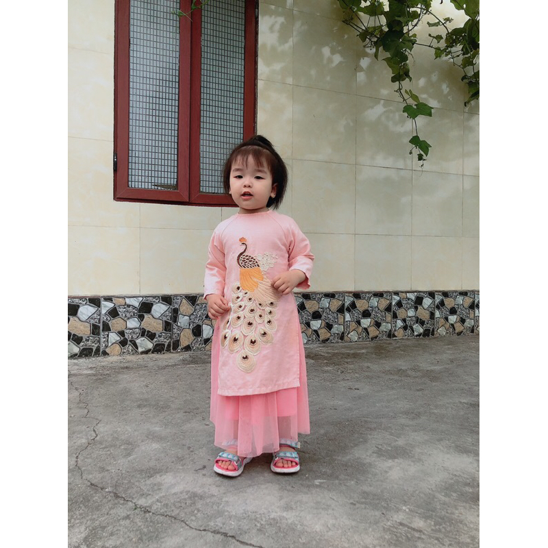 👗Sét áo dài cách tân và chân váy ren màu Hồng Cam cho bé 3 tuổi 14kg 👗💝💯