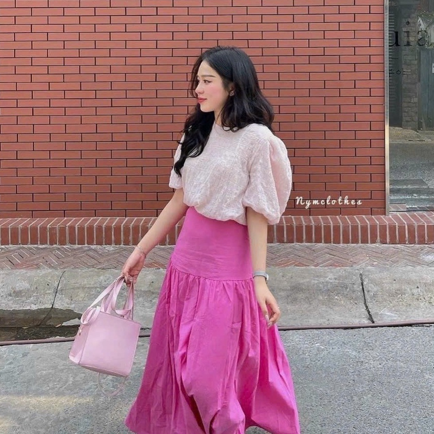 ĐẦM SET CHÂN VÁY DÀI SUÔNG TRƠN HỒNG XẾP LY MIDI MAXI + ÁO TAY BỒNG NGẮN PASTEL DẠO PHỐ ĐI BIỂN ĐI HỌC ĐI LÀM
