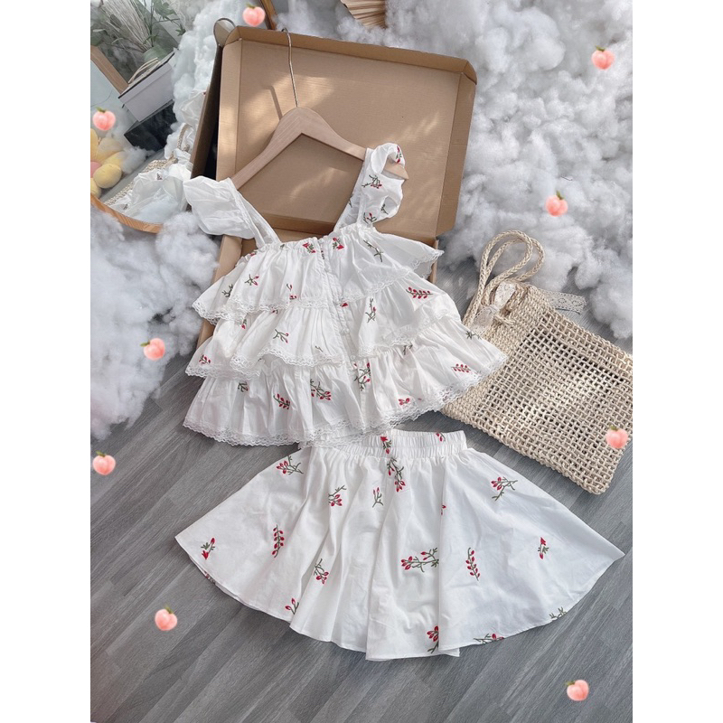 SET ÁO HOA ĐỎ REN TAY TIÊN 2S TẦNG + CHÂN VÁY TRẮNG
