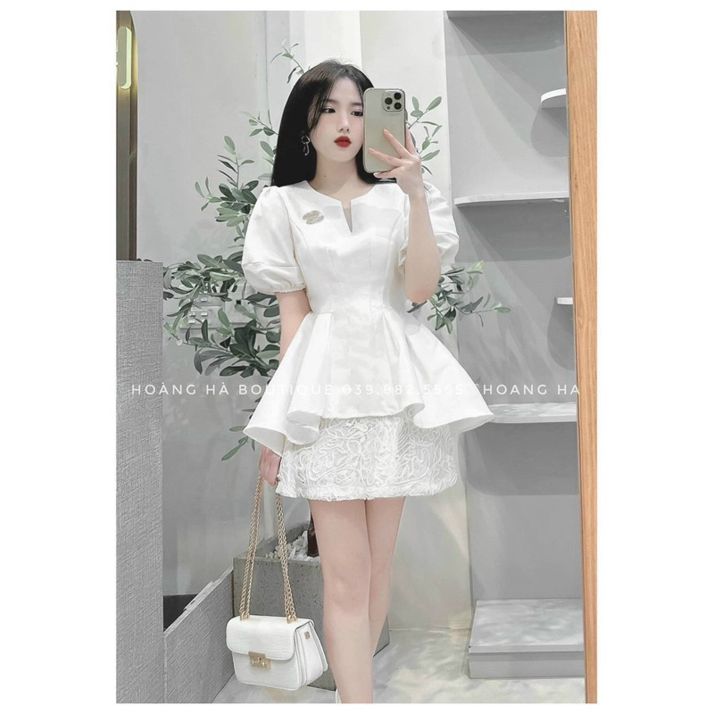 SET ÁO PEPLUM TAFTA CỔ V TAY PHỒNG + CHÂN VÁY REN
