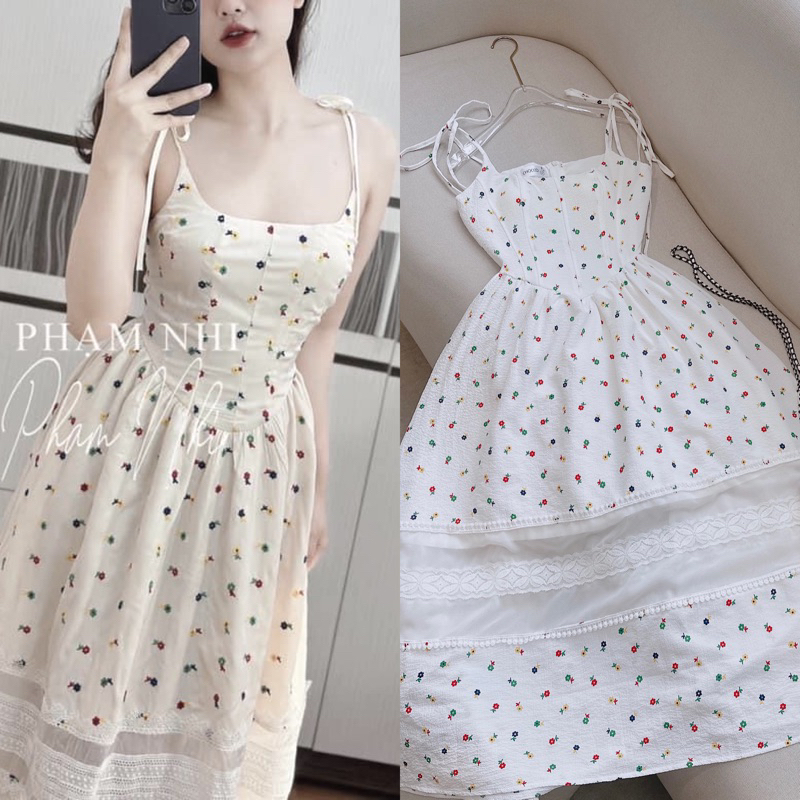 Đầm maxi trắng 2s cổ vuông xô hoa nhí cúp ngực cột dây nơ vai dáng corset