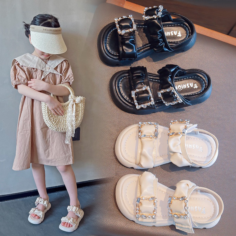 Sandal quai hậu cho bé gái đính khoá thiết kế da nhúm xinh xắn