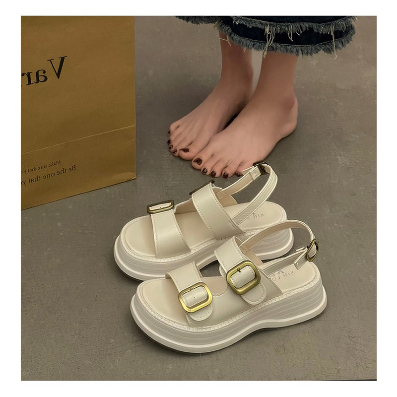 Giày sandal nữ đế xuồng khuy vàng bản cao cấp chất da PU cao 5cm phong cách hàn quốc cực xinh