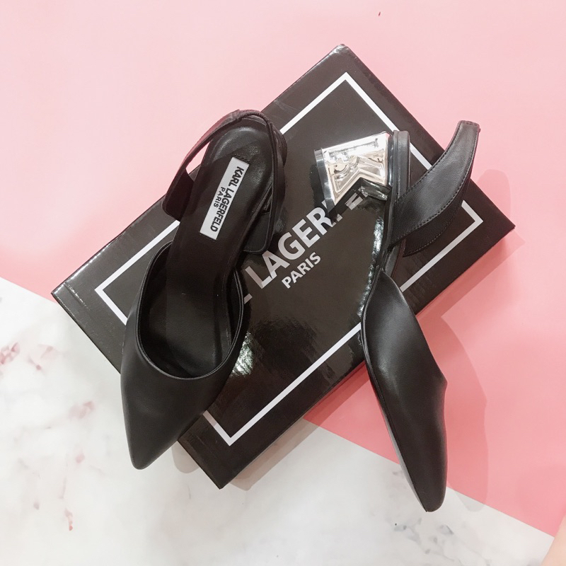 Sandal nữ bít mũi gót vuông 5cm da thật toàn bộ-sandal slingback nữ da cừu mềm êm hãng Karl Lagerfeld full box