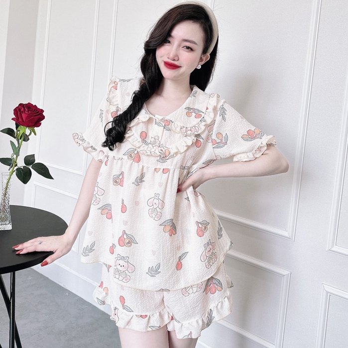 Bộ Mặc Nhà Nữ SOJUN Đồ Xốp Cổ Lá Sen 2 Nút 45-65 KG FREE SIZE