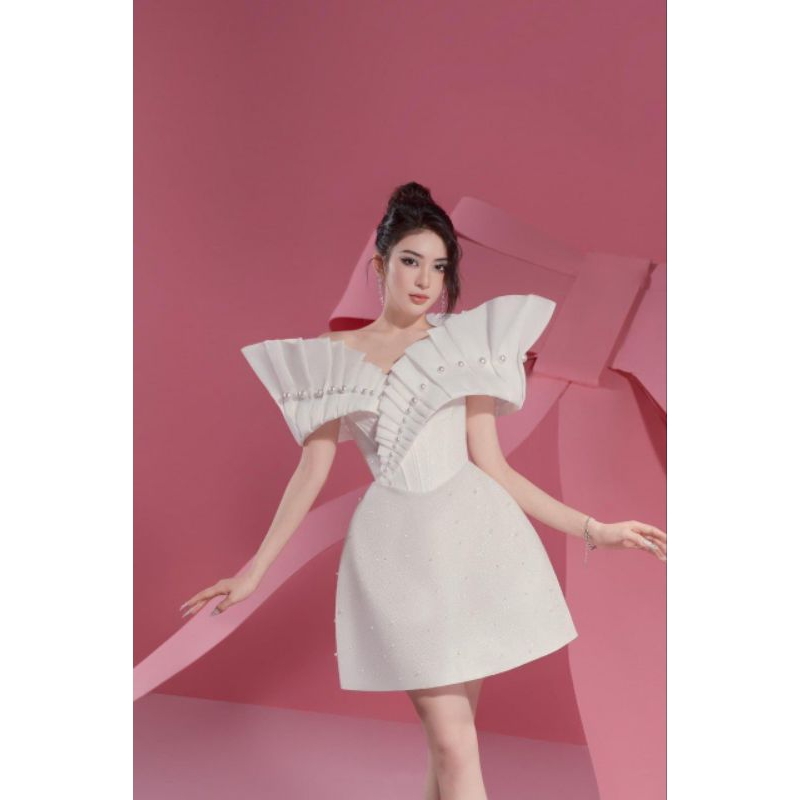 Đầm thiết kế trễ vai phối xếp ly đính ngọc váy xòe phù hợp đi tiệc, sinh nhật, sự kiện - mochouse83