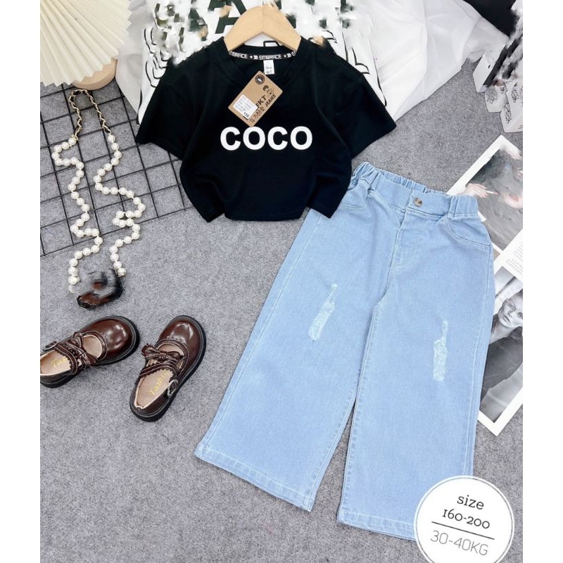 Bộ  áo croptop chữ quần xuông cá tính bé gái