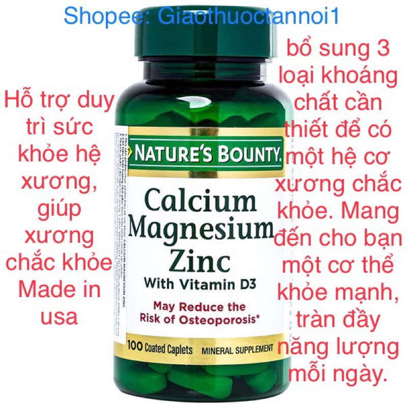 Viên uống Calcium Magnesium Zinc with vitamin d3 Nature's Bounty hỗ trợ duy trì sức khoẻ hệ xương (100 viên) made in usa