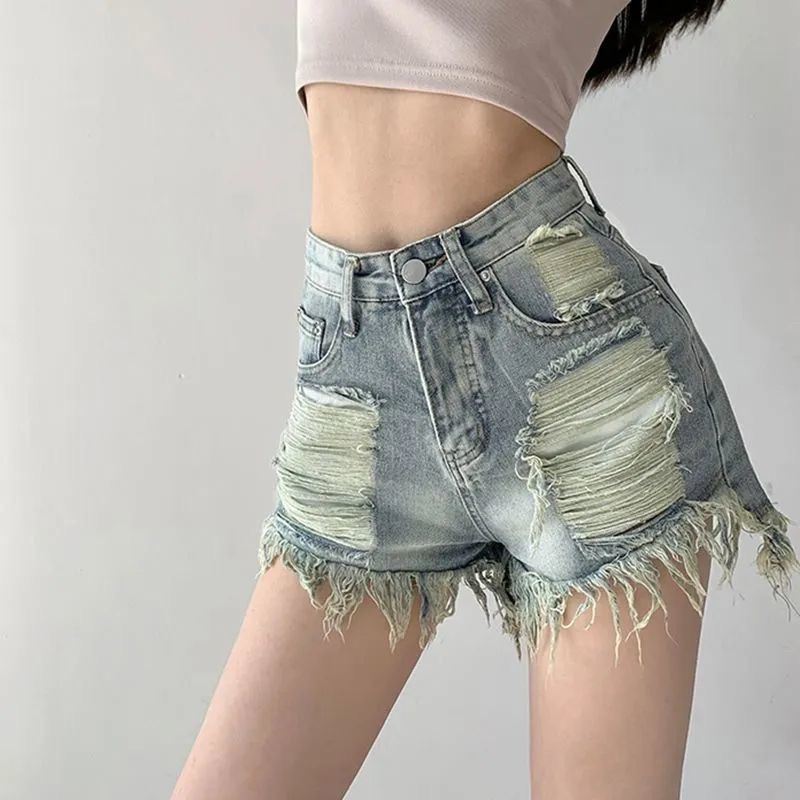 Quần Sooc Jean Nữ Rách Tua Rua Xanh Nhạt Lưng Cao Quảng Châu