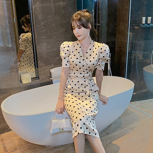 Đầm Ôm Body Dạ Hội Chấm Bi Dự Tiệc Cô V Tay Bèo Cực Sang BY4566