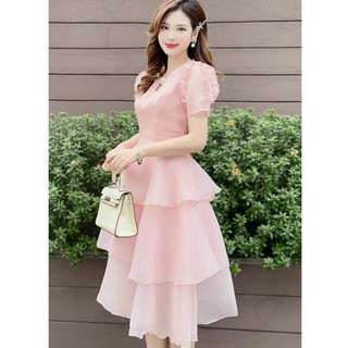 [Miễn Phí Ship 50K-GIAN HÀNG CHÍNH HÃNG] Đầm thời trang nữ chất voan tơ cổ tròn tay ngắn bèo váy xoè maxi nhiều tầng