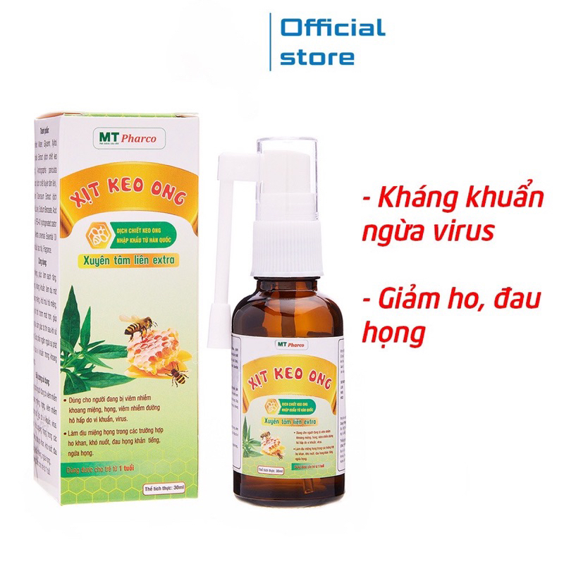 Xịt Keo Ong MT Pharco xuyên tâm liên, bạc hà kháng khuẩn virus, giảm ho đau rát cổ họng - Chai 30ml