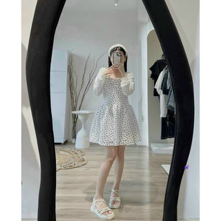 SET ĐẦM 2S HOA ĐEN  XẾP LY NGỰC KÈM KHOÁC CROP TRẮNG