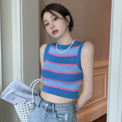 Áo Croptop Sát Nách Nữ Kẻ Ngang Basic - Áo Ba Lỗ Cổ Cao Dáng Ôm Chất Len Dệt Kim Co Dãn Thoáng Mát A05