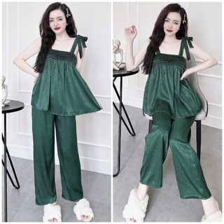 Đồ ngủ pyjama nữ 2 dây quần dài Chất Lụa Gấm Xước cao cấp