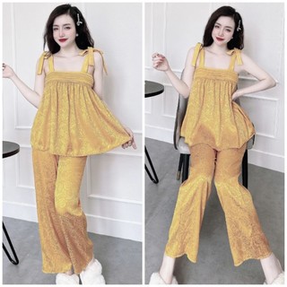 Đồ ngủ pyjama nữ 2 dây quần dài Chất Lụa Gấm Xước cao cấp