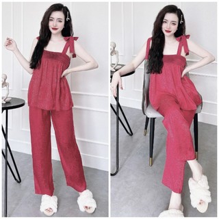 Đồ ngủ pyjama nữ 2 dây quần dài Chất Lụa Gấm Xước cao cấp